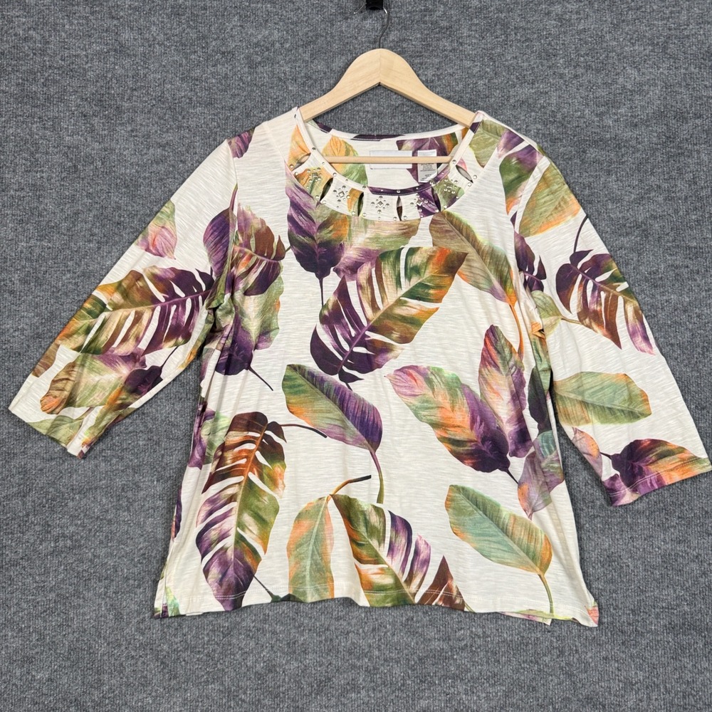 Alfred Dunner Large Tunic Blouse  Cream Leaf Tropical Beaded Vacation Crew‎ Neck